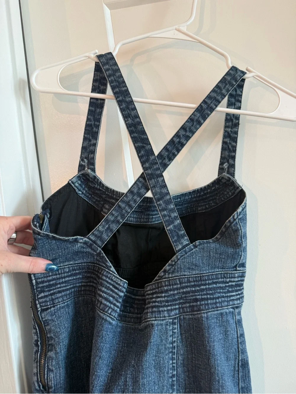 Women’s Denim Mini Dress Cross back and Black Buttons